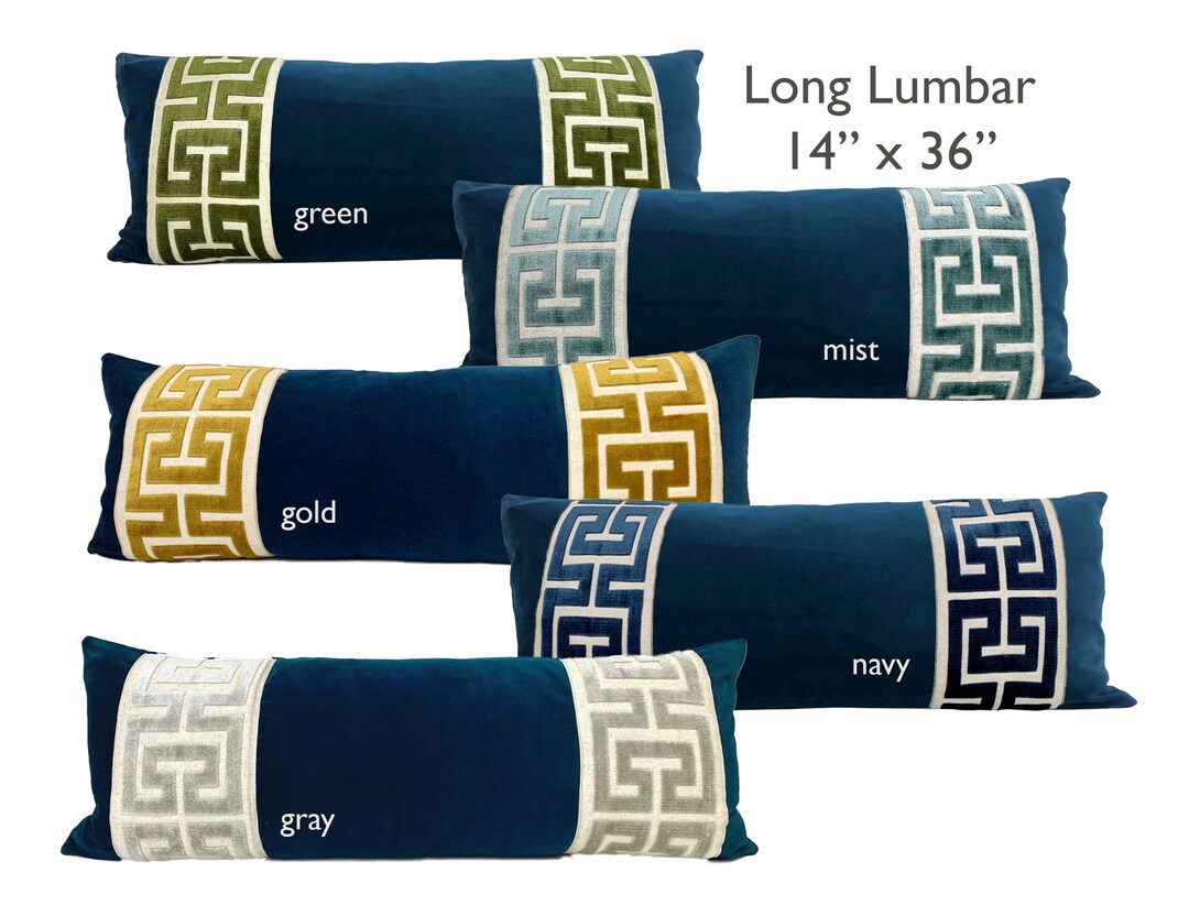 Navy Velvet Long Lumbar Pillow Cover With Large Greek Key Trim SELECT