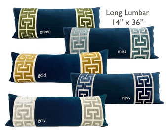 Navy Velvet Long Lumbar Pillow Cover with Large Greek Key Trim - SELECT TRIM COLOR