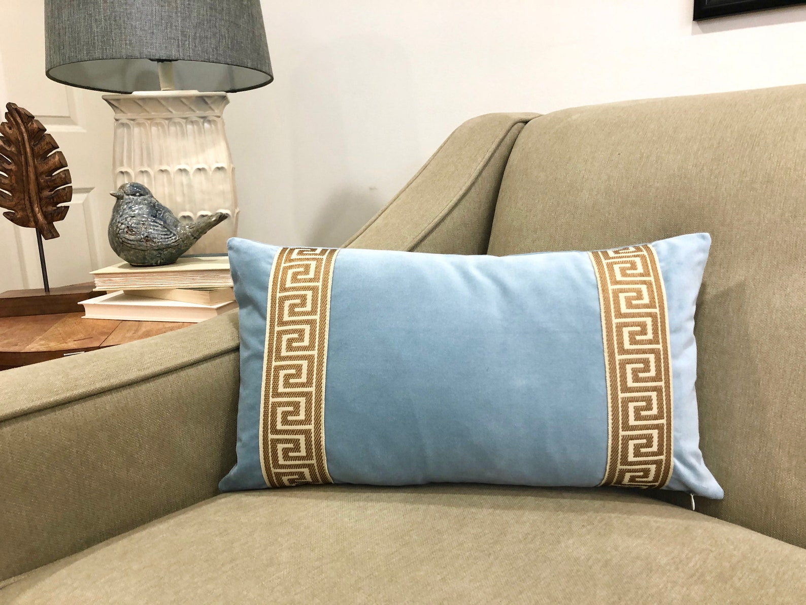 Light Blue Velvet Lumbar Pillow Cover with Gold Greek Key Trim Etsy