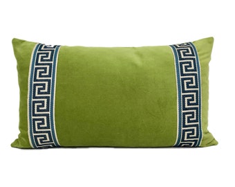 Lime Green Velvet Lumbar Pillow Cover with Greek Key Trim - SELECT TRIM COLOR