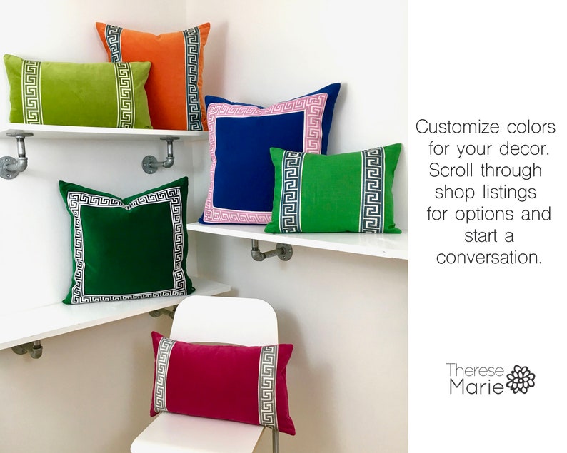 Lime Green Velvet Lumbar Pillow Cover with Green Greek Key Etsy