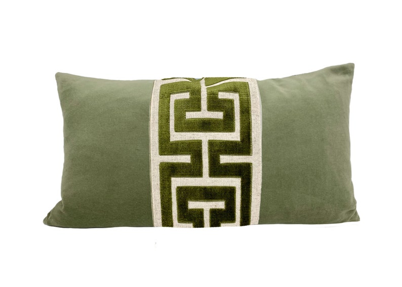 Sage Green Velvet Lumbar Pillow Cover with Large Greek Key Trim SELECT TRIM COLOR Green