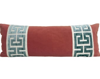 Brick Red Long Lumbar Pillow Cover - SELECT TRIM COLOR - 14x36 Dark Coral Velvet Pillow Cover with Large Greek Key