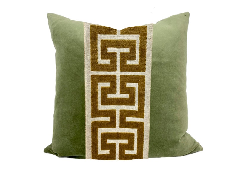 Sage Green Square Velvet Pillow Cover with Large Greek Key SELECT TRIM COLOR Gold