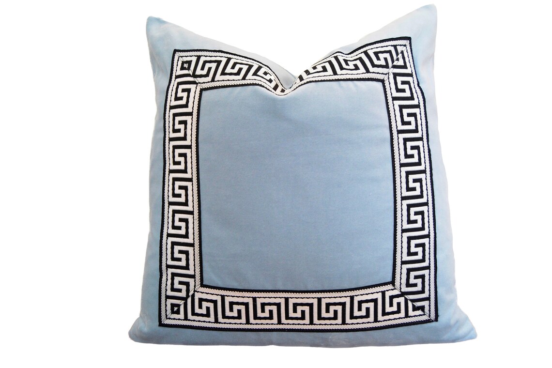 Light Blue Velvet Lumbar Pillow Cover With Black and White Etsy