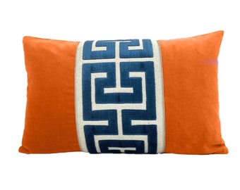 Orange Velvet Pillow Cover with Large Greek Key Trim - SELECT TRIM COLOR