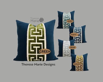 Navy Blue Velvet Pillow Cover with Large Greek Key Trim - SELECT TRIM COLOR