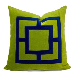 Lime Green Velvet Pillow Cover: Navy Geometric Applique