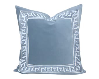 Light Blue Velvet Square Pillow Cover with Greek Key Trim - SELECT TRIM COLOR