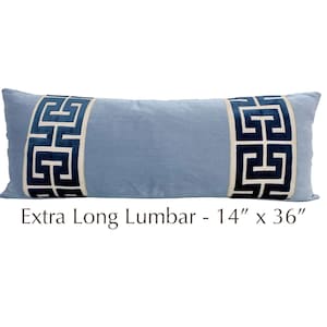 Light Blue Velvet Extra Long Lumbar Pillow Cover with Large NAVY Greek Key Trim