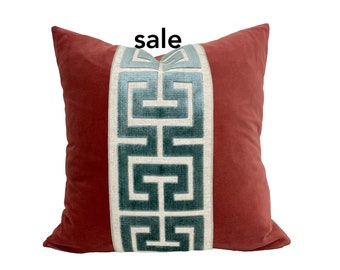 SALE Brick Red Velvet Square Pillow Cover with Large MIST Greek Key Trim- size 18x18