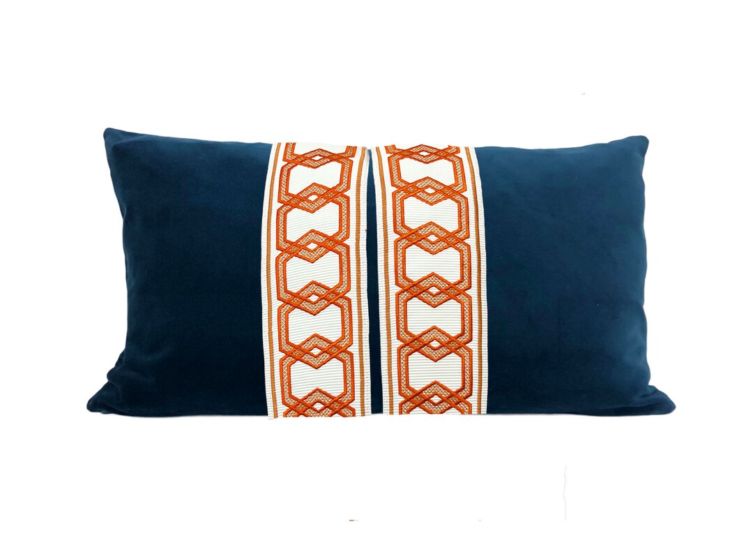 Navy Blue Lumbar Pillow Cover With ORANGE Hexagon Trim Etsy