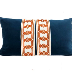 Navy Blue Lumbar Pillow Cover with ORANGE Hexagon Trim