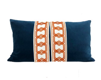 Navy Blue Lumbar Pillow Cover with ORANGE Hexagon Trim