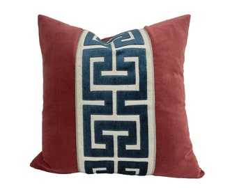 Brick Red Velvet Square Pillow Cover with Large Greek Key Trim -Dark Coral Pillow Cover - SELECT TRIM COLOR