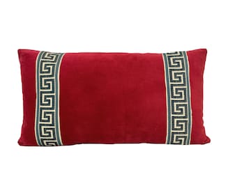 Red Velvet Lumbar Pillow Cover with Greek Key Trim - SELECT TRIM COLOR