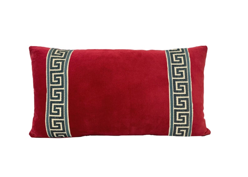 Red Velvet Lumbar Pillow Cover with Greek Key Trim SELECT TRIM COLOR navy