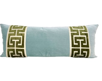 Aqua Mist Long Lumbar Velvet Pillow Cover with Large Greek Key - SELECT TRIM COLOR