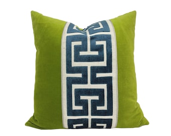 Lime Green Velvet Square Pillow Cover with Large Greek Key Trim - SELECT TRIM COLOR