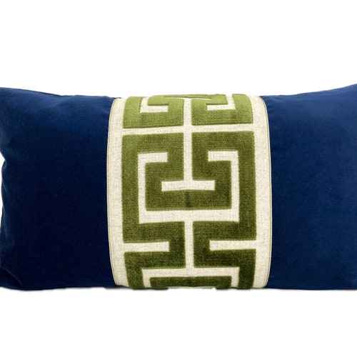 Navy Blue Velvet Lumbar Pillow Cover With Large Greek Key Trim Etsy