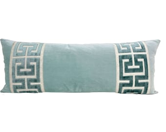 Aqua Mist Long Lumbar Velvet Pillow Cover with Large Greek Key - SELECT TRIM COLOR