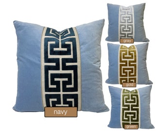 Light Blue Square Velvet Pillow Cover with Large Greek Key Trim - SELECT TRIM COLOR