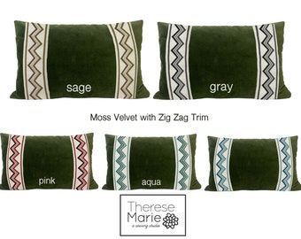 Moss Green Velvet Lumbar Pillow Cover with Zig Zag Trim - SELECT TRIM COLOR