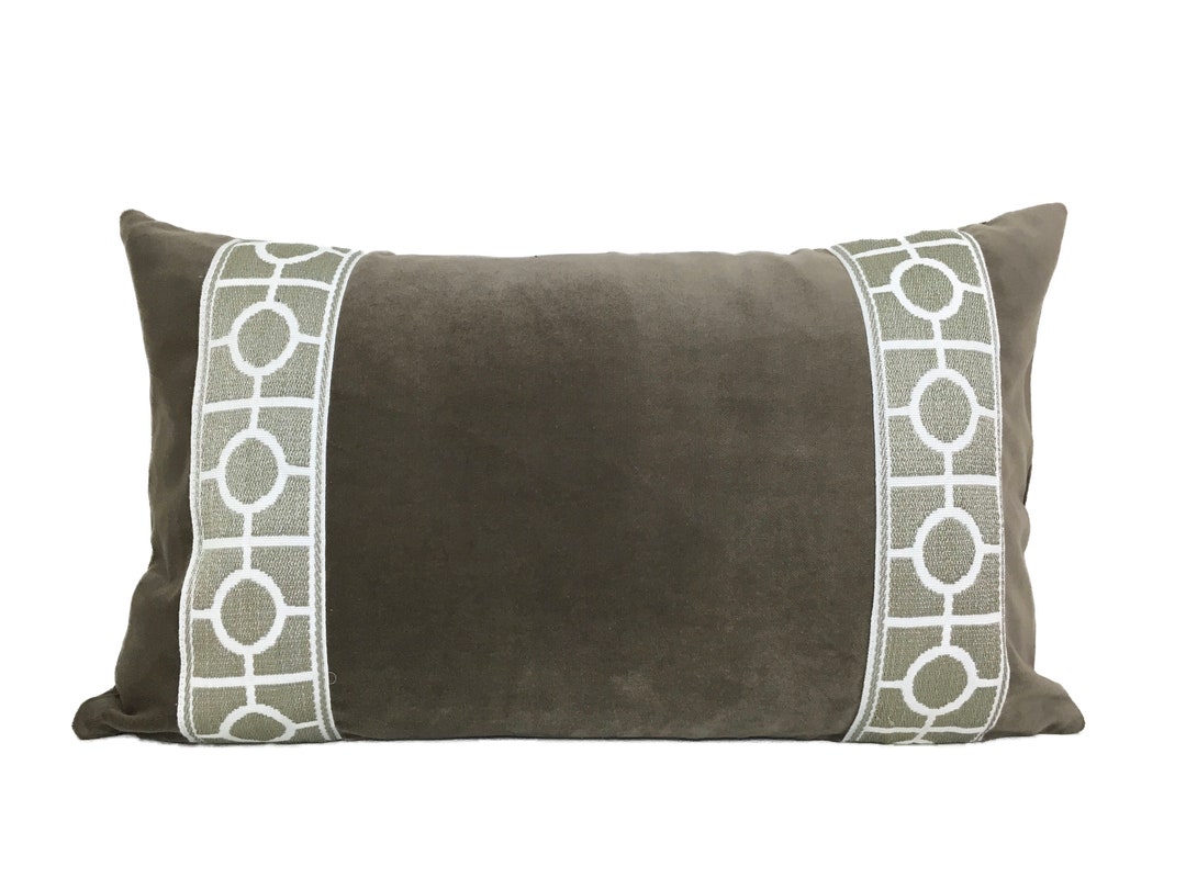 Gray Velvet Lumbar Pillow Cover With Grey and White Trim Etsy