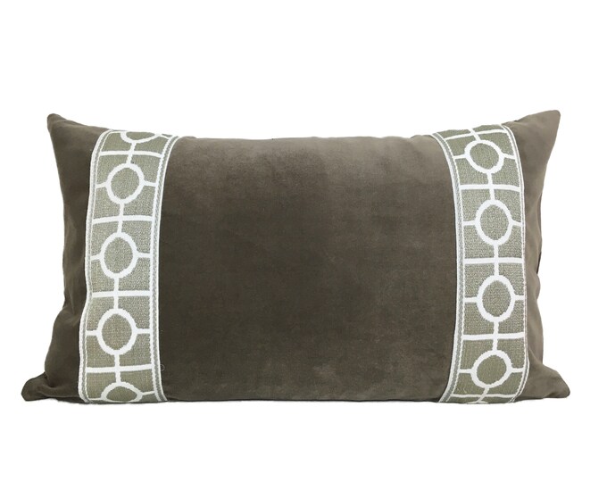 Gray Velvet Lumbar Pillow Cover With Grey and White Trim Etsy