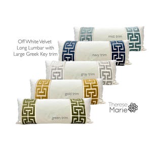 Off White Long Velvet Long Lumbar Pillow Cover with Greek Key Trim - SELECT TRIM COLOR