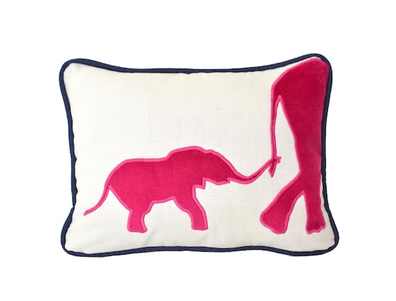 Elephant Pillow Cover: Hot Pink Velvet Applique, Navy Piping