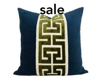 SALE Navy Blue Velvet Pillow Cover with Large Green Greek Key Trim, size 22x22