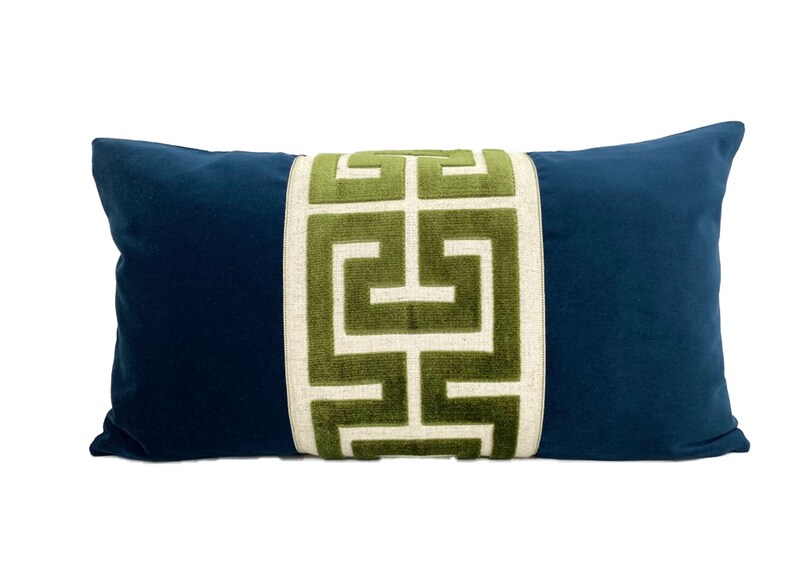 Navy Blue Velvet Lumbar Pillow Cover With Large Greek Key Trim Etsy