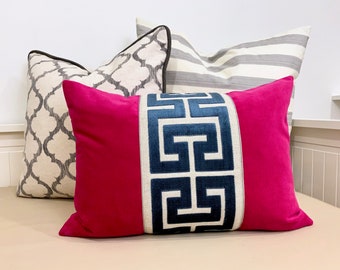 Fuchsia Pink Velvet Lumbar Pillow Cover with Large NAVY  Greek Key Trim