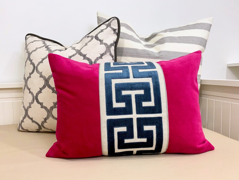 Fuchsia Pink Velvet Lumbar Pillow Cover With Large Greek Key Etsy
