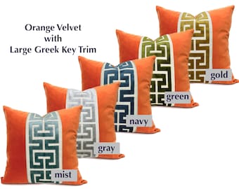 Orange Velvet Square Pillow Cover with Large Greek Key Trim - SELECT TRIM COLOR