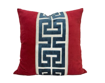 Red Velvet Pillow Cover with Large Greek Key Trim - SELECT TRIM COLOR