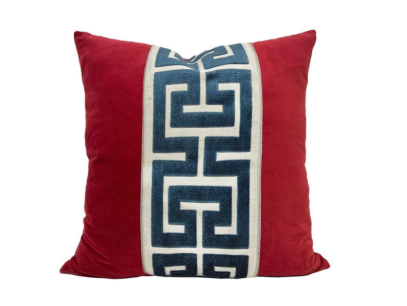 Red Velvet Pillow Cover with Large Greek Key Trim SELECT TRIM COLOR Navy