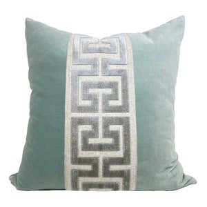 Aqua Mist Velvet Pillow Cover with Large Greek Key Trim SELECT TRIM COLOR image 4