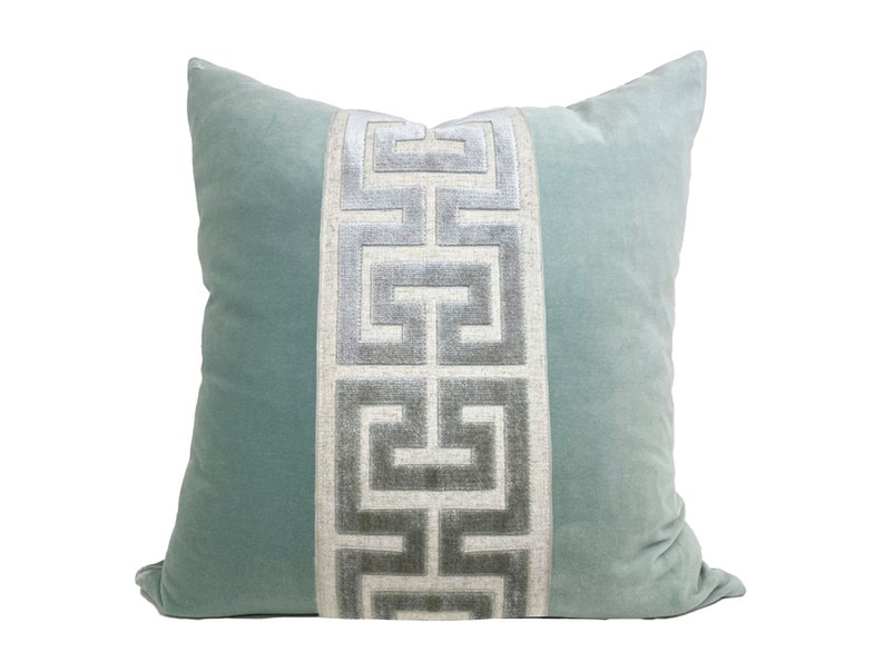 Aqua Mist Velvet Pillow Cover with Large Greek Key Trim SELECT TRIM COLOR Gray