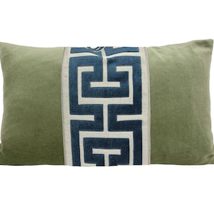 Sage Green Velvet Lumbar Pillow Cover with Large Greek Key Trim SELECT TRIM COLOR Navy
