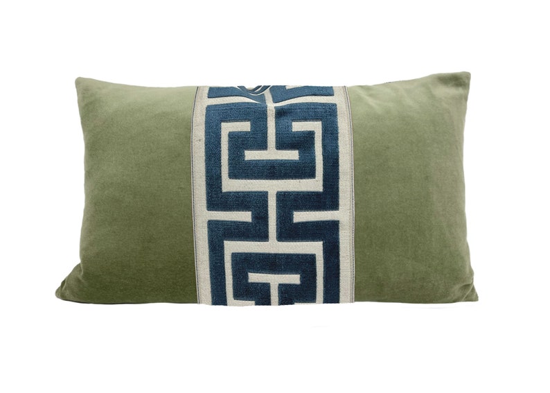 Sage Green Velvet Lumbar Pillow Cover with Large Greek Key Trim SELECT TRIM COLOR Navy