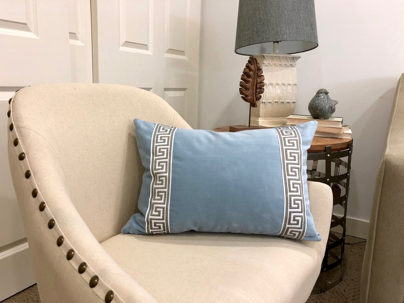 Light Blue Velvet Lumbar Pillow Cover With Gray Greek Key Trim Etsy