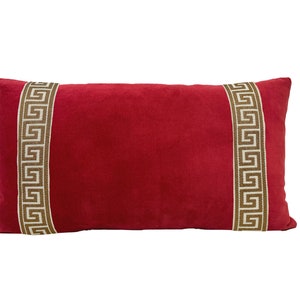 Red Velvet Lumbar Pillow Cover with Greek Key Trim SELECT TRIM COLOR gold