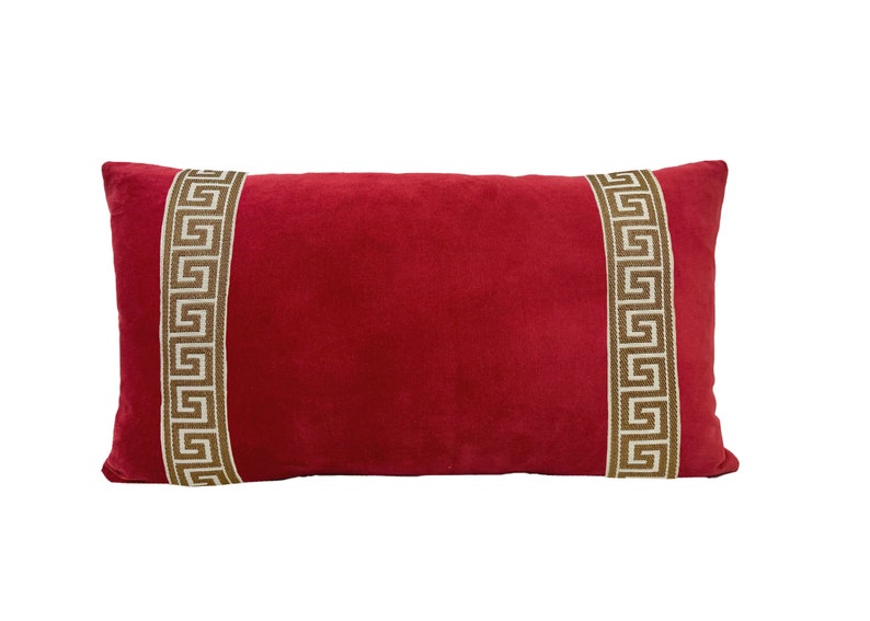 Red Velvet Lumbar Pillow Cover with Greek Key Trim SELECT TRIM COLOR gold