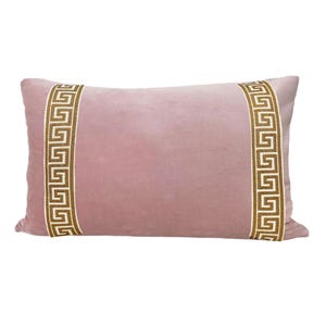 Pink Velvet Lumbar Pillow Cover: Greek Key Trim
