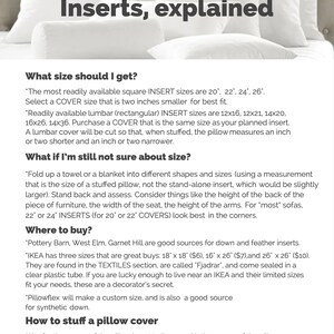 Op de afbeelding: Een gids voor kusseninleg, waarin wordt uitgelegd hoe je de juiste maat kiest en waar je ze kunt kopen. De tekst bevat tips over het vullen van een kussenhoes en noemt populaire retailers zoals Pottery Barn, West Elm, Garnet Hill en IKEA.