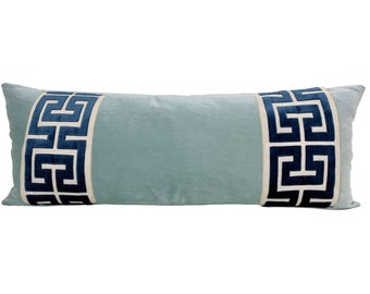 Aqua Mist Long Lumbar Velvet Pillow Cover with Large Greek Key - SELECT TRIM COLOR