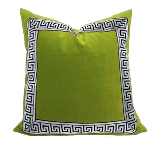 Lime Green Velvet Pillow Cover with Greek Key SELECT TRIM COLOR Black and White