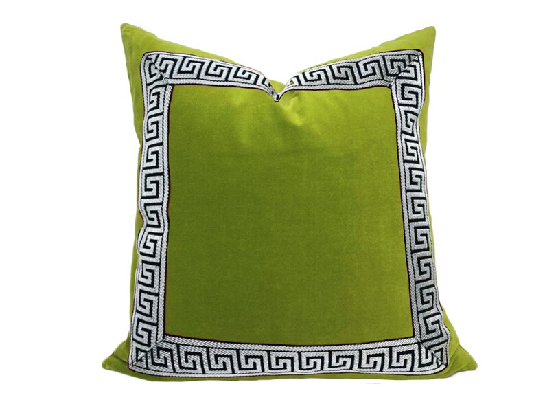 Lime Green Velvet Pillow Cover with Greek Key SELECT TRIM COLOR Black and White